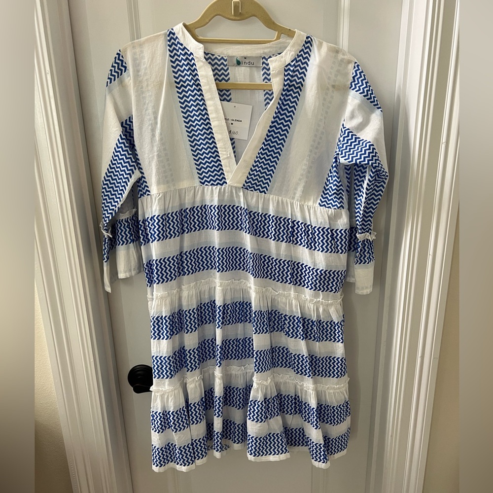 Blue and white chevron striped dress